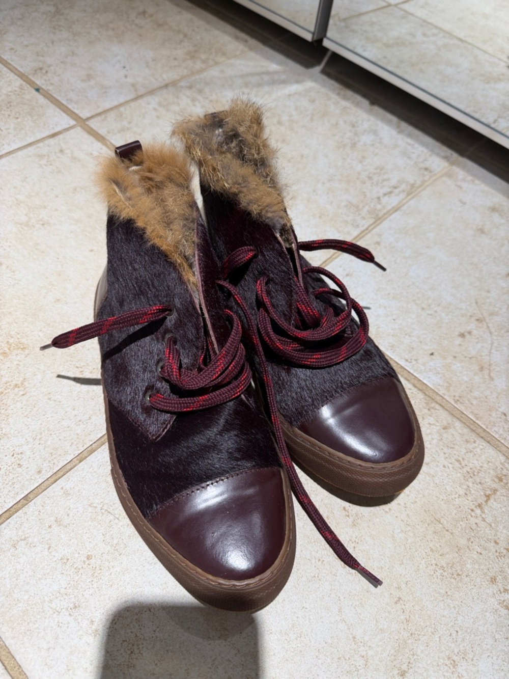 Women’s Burgundy Fur-Trim Lace-Up Boots, not worn